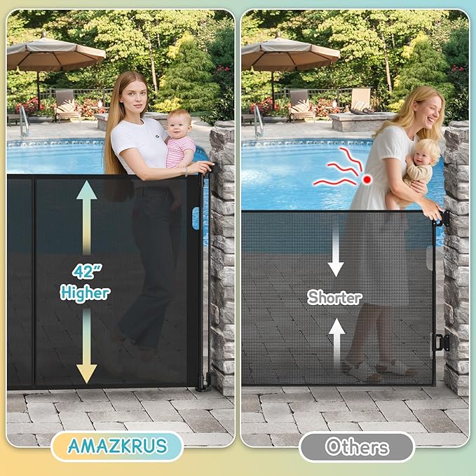 236'' Retractable Baby Gates Extra Wide, 42'' Extra Tall Retractable Dog Gate, 20 FT Black Indoor/Outdoor Retractable Gate with Reinforcement Rods for Garage, Doorways, Stairs, Decks, Driveway, Patio