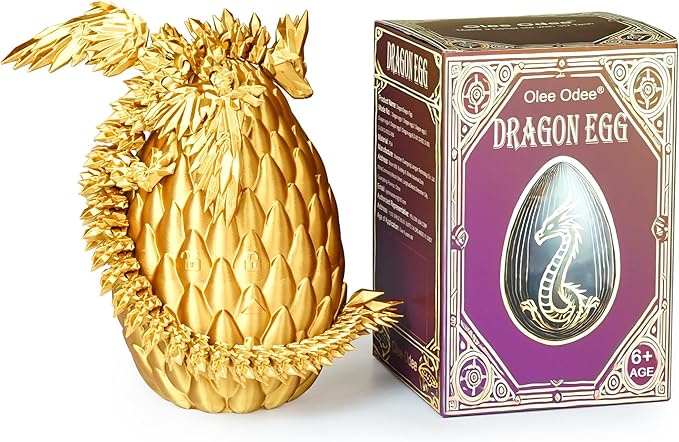 3D Printed Dragon Eggs with Articulated Fly Dragon Inside, Collectible Figurines Fidget Toy for Adults Kids Birthday Easter Christmas White Elephant Gifts for Friends Colleagues(Gold, M size)