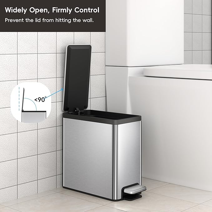 EKO Slim Small Bathroom Trash Can with Lid, Stainless Steel Small Garbage Can with Removable Inner Bucket, 6L / 1.6 Gal, Step On Trash Bin