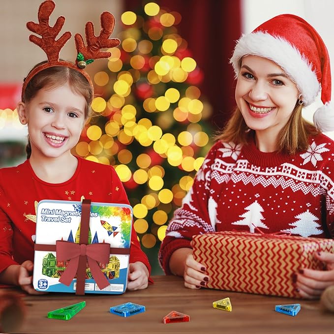 60pcs Mini Magnetic Tiles for Kids Ages 3-8,Travel Magnetic Building Blocks with Metal Storage Box, STEM Educational Toys, Montessori Sensory Learning Toys for Toddlers, Boys & Girls Gift