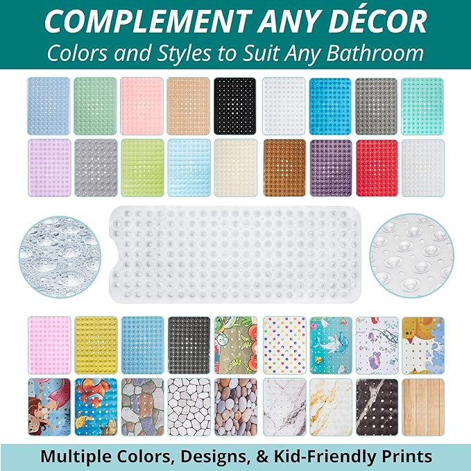 ENKOSI Bath Mat – 40 x 16 Inch Extra Long Non Slip Bathtub Mat – Anti Slip Clear Shower Mat with Suction Cups and Drain Holes – Bathroom Mat for Bath Tub and Smooth Shower Floors (40x16 Clear)