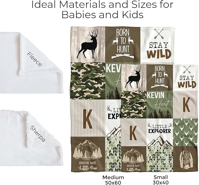 MDPrints Deer Hunting Personalized Baby Blankets for Boys, Custom Baby Name Blanket, Customized Newborn Boy Gift, Woodland Nursery Decor