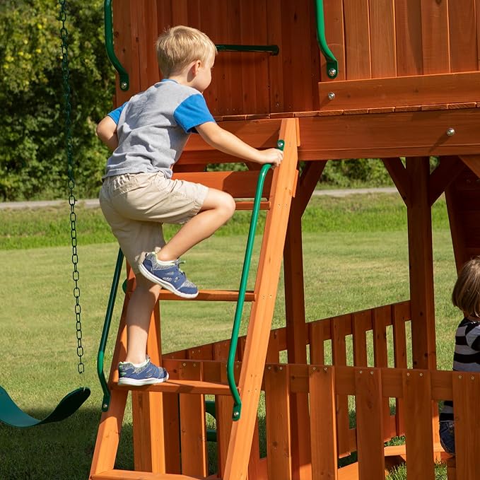 Backyard Discovery Skyfort II Cedar Wood Swing Set with Wave Slide, Raised Clubhouse, Crow's Nest, Monkey Bars, Balcony, Belt Swings, Trapeze, Rock Wall, Picnic Table, Sandbox, Ladder, Outdoor Playset