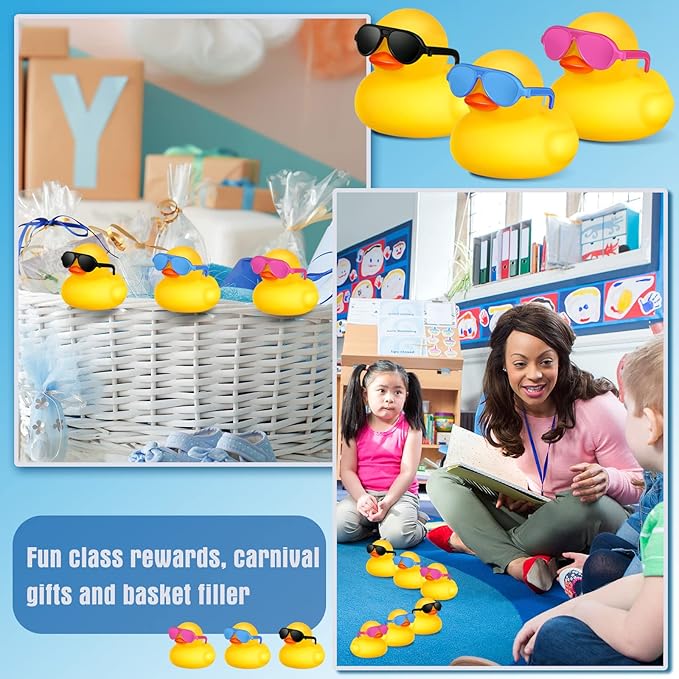 Chivao 48 Pcs Mini Rubber Ducks with Sunglasses in Bulk Small Duck Gift Bathtub Toys for Holiday Cruise Birthday Party Favor(Yellow, Blue, Pink, Black)