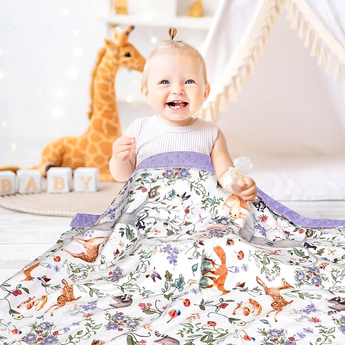 Toddler Blanket 50 x 60 Inch, Large Baby Blanket for Kids, Super Soft Warm Minky with Dotted Backing, Purple Animals
