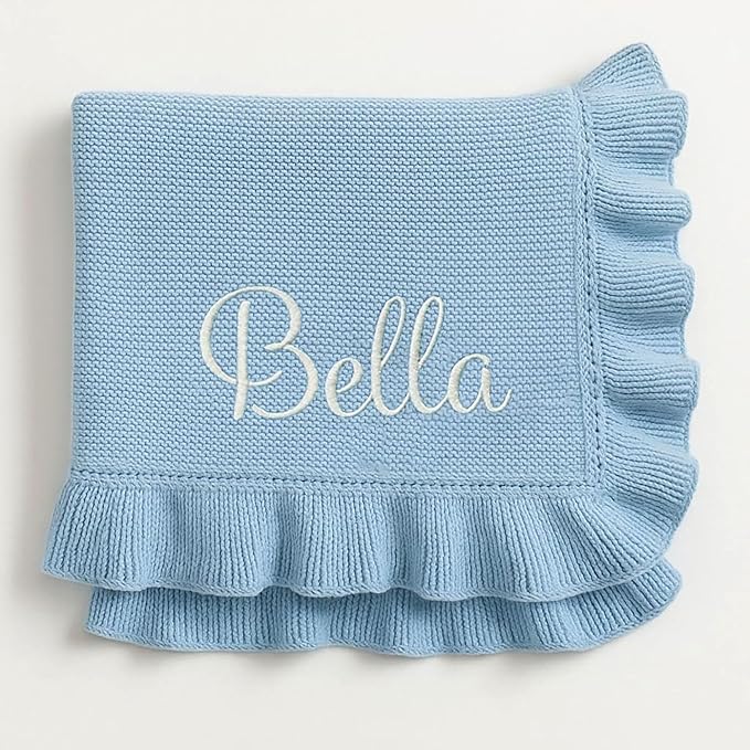 Nonnie Personalized Baby Blanket with Name - Custom Embroidered Knitted Ruffled Blanket for Newborn, 30x40 inch, Customized Gift for Newborn Boys Girls on Birthday, Baby Shower, Christmas