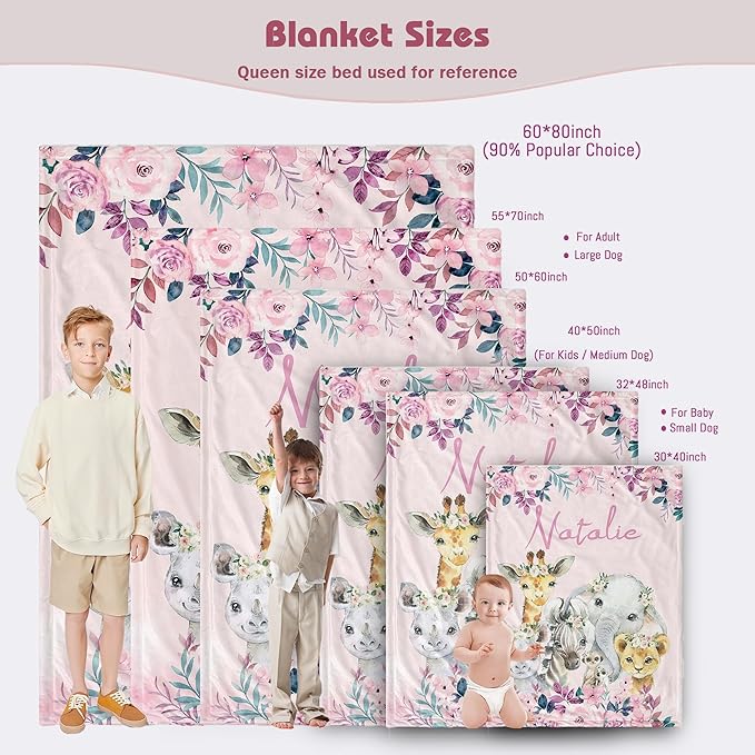 Personalized Baby Blanket with Name Custom Animals Blanket for Infant Toddler Newborn Customized for Boy Girl Birthday Christmas