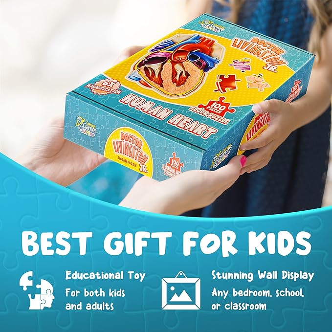 Human Heart Anatomy Floor Puzzle — Genius Games Doctor Livingston Jr Anatomy Toy - Kids Puzzles & Science Toys - Human Heart Model - 100 Piece Jigsaw Puzzles for Kids, Toddlers, Teens