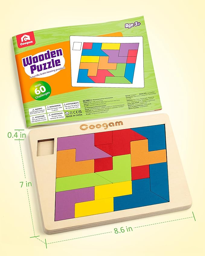 Coogam Wooden Puzzle Blocks Geometric Tangram Brain Teasers Jigsaw 3D Logic IQ Game Colorful Shape Pattern Montessori STEM Educational Toys Gift 60 Challenges for All Age