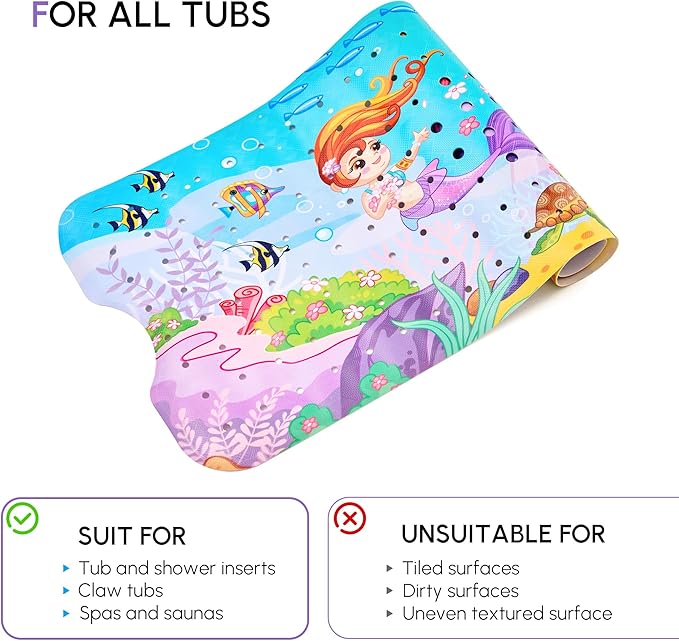 VANNOKOR Baby Bath Mat for Tub Non Slip Kids, 40 X 16 Inch Extra Long Bathtub Mat with Drain Holes and Suction Cups, Anti Slip Shower mat Machine Washable, Mermaid