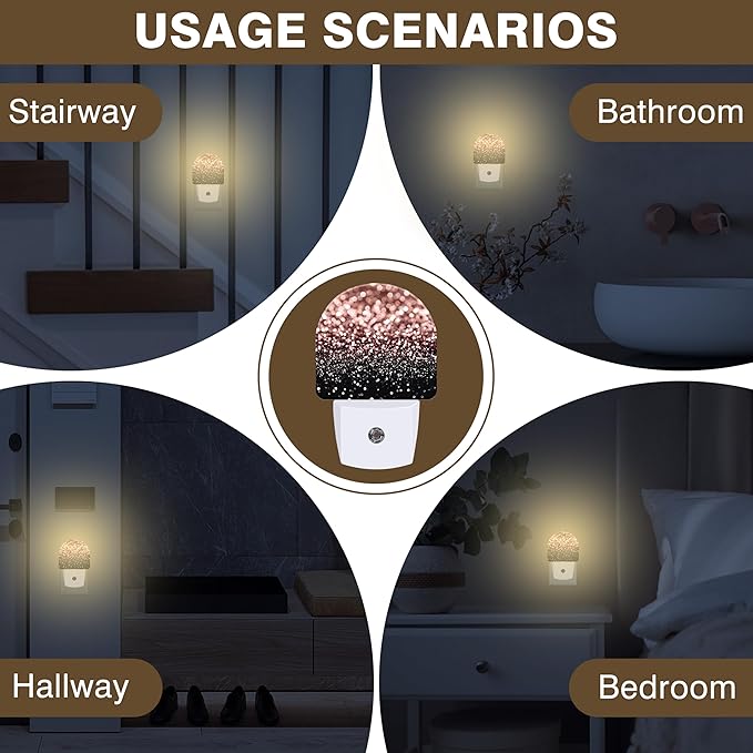 Night Lights Plug into Wall Rose Gold Glitter Night Light Dusk to Dawn Smart Sensor Decorative Round Led Lamp for Bedroom Kitchen Hallway Nightlight for Women Men