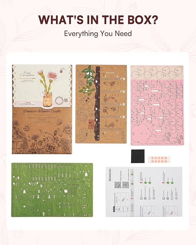 3D Flower Wooden Puzzles for Adults-Pink Carnation, DIY Wooden Flowers Model Kit Building Set Crafts for Adults to Build, Botanical Collection/Ideal Creative Gift Ideas/Housewarming (124PCS)
