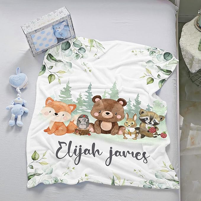J&SBGFT Personalized Baby Blanket for Boys,Custom Baby Blanket with Name, Customized Name Blanket Receiving Blankets for Toddlers Kids Nursery Stroller Crib Decor Throw,Woodland Animal