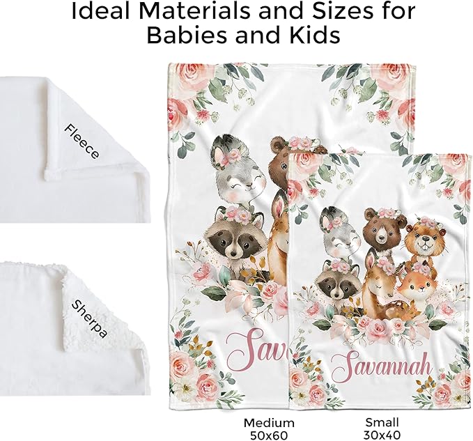 MDPrints Custom Baby Blankets for Boys and Girls, Personalized Baby Gifts, Customized Newborn Blanket with Name, Minky Plush Fleece (Woodland VN87)