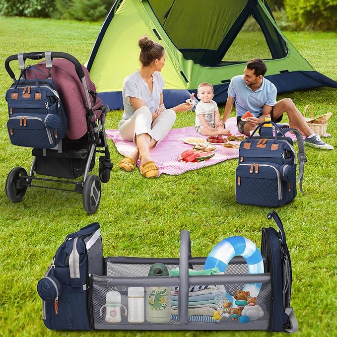 Baby Diaper Bags with Changing Station, Large Capacity Diaper Bag Backpack for Moms Dads with USB Charging Port,Travel Baby Bag with Pacifier Case & Stroller Straps(Up-Blue)