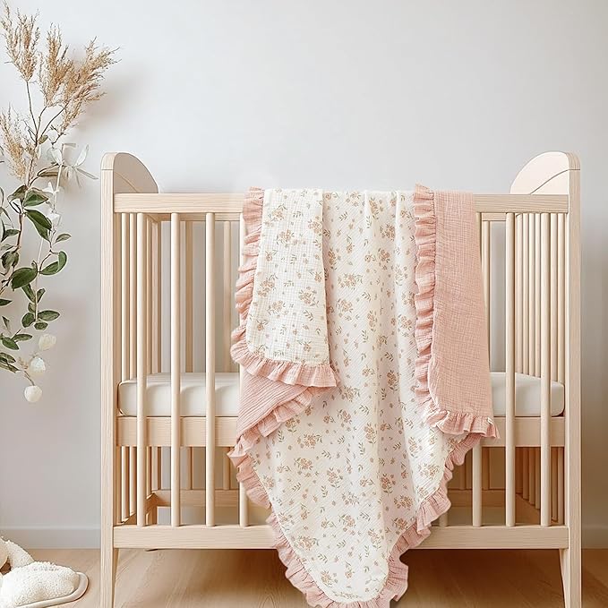 Konssy Flounce Muslin Baby Blankets, Cotton Crib Blanket for Baby Infant Toddler, Super Soft and Lightweight Nursery Blankets 40"x36" (Blossom)