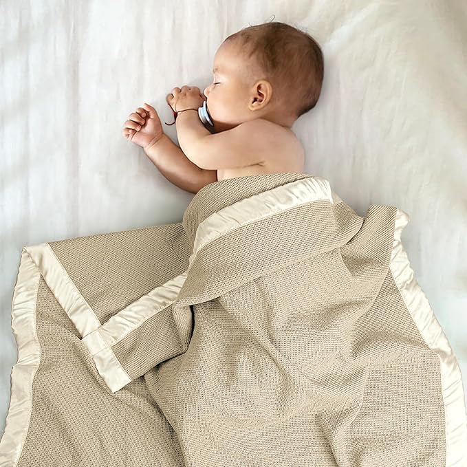 lulumoon Swaddle Baby Blanket: Waffle Blanket with Satin Trim - Soft Breathable Toddler Blankets Perfect for Nursing Cover and Playtime - Cotton Crib Quilt for Daytime Naps 40"x36"(Oat)