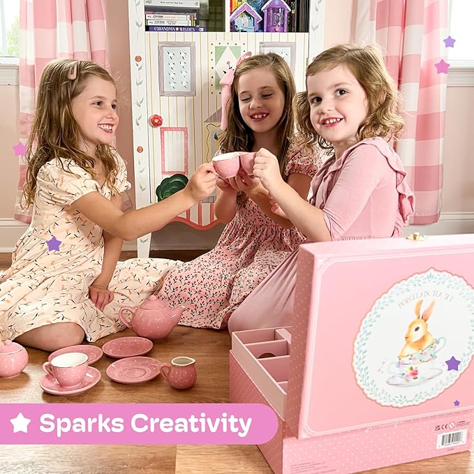 Jewelkeeper Tea Set for Little Girls - 14-Piece Porcelain Tea Party Set for Children Includes Teapot, Cups, Saucers, Creamer, and Sugar Bowl - Pink Polka Dot Design