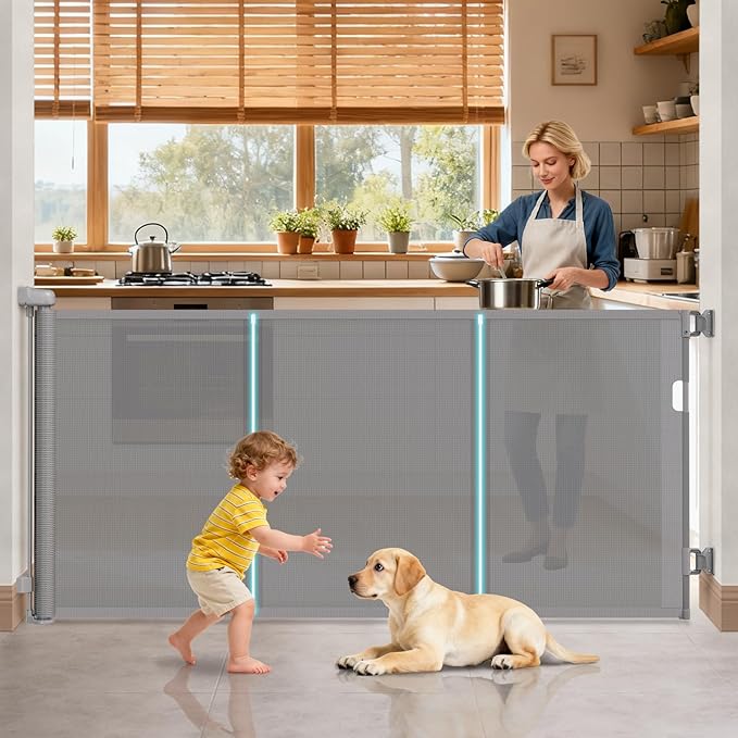 71'' Retractable Baby Gates Extra Wide for Stairs, 42" Tall Grey Mesh Dog Child Pet Safety Indoor Outdoor Retractable Gate for Doorways, House, Hallway, Deck with Reinforcement Strips