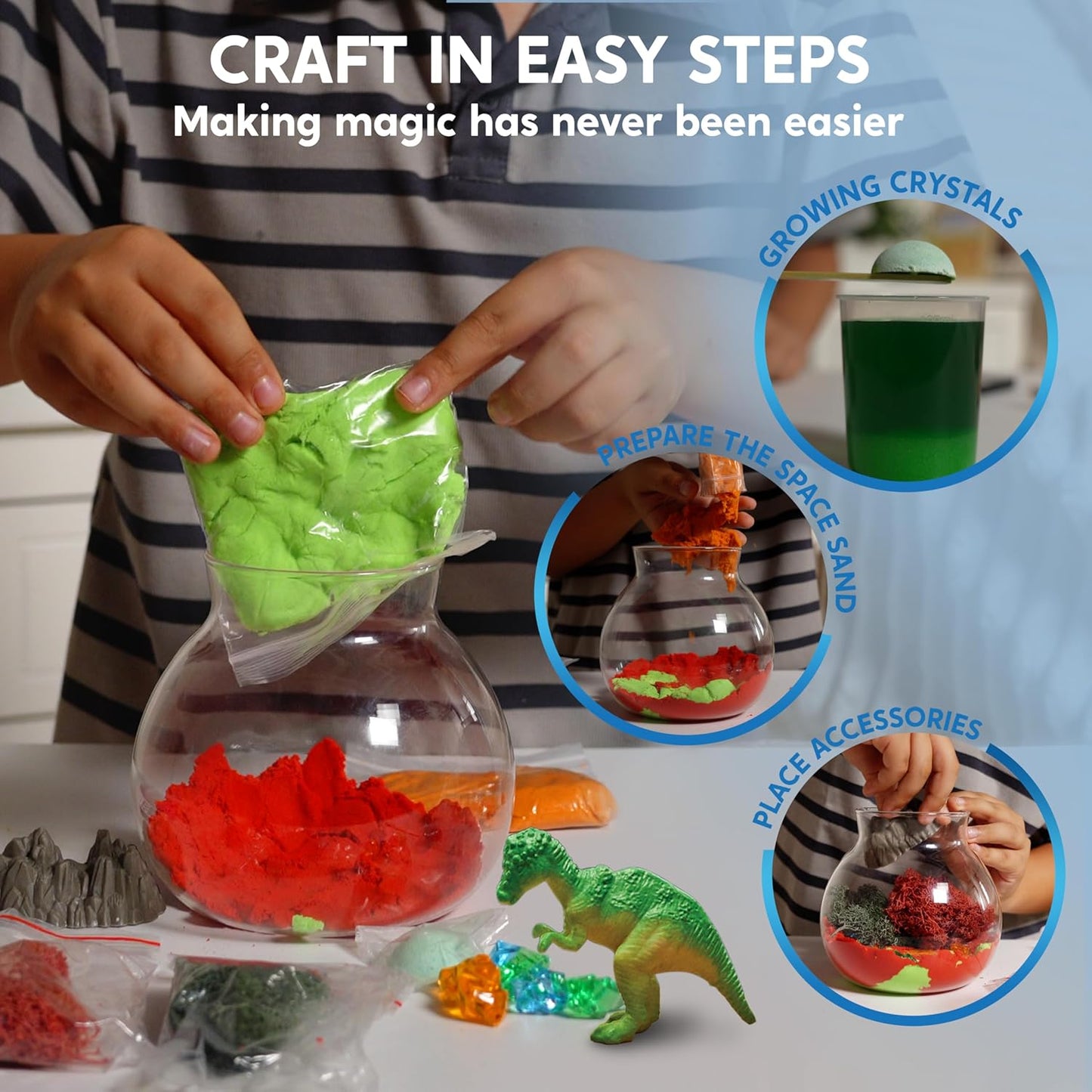 Klever Kits Make Your Own Dinosaur Crystal Terrarium Crafts Kit for Kids-Crystal Growing Science 12 Color LED Night Light Birthday Gifts Toys for Kids