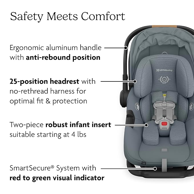 UPPAbaby Aria V2 Lightweight Infant Car Seat - Just Under 6 lbs - Base with Load Leg + Infant Insert + All-Weather FootCover Included - Direct Stroller Attachment - Callum (Stone Blue)