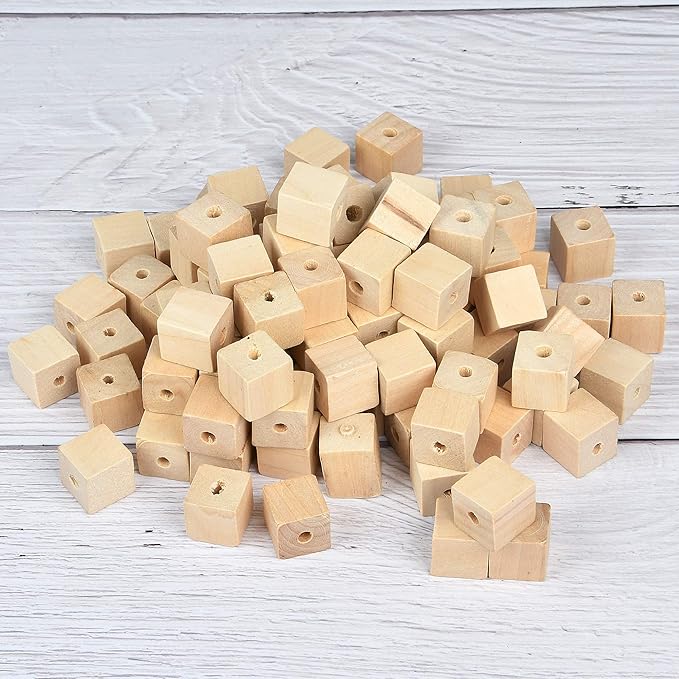 Supkiir Wood Craft Cubes - 100 Pack 1/2" Cubes with Holes, Unfinished Solid Beads Blocks for DIY Projects