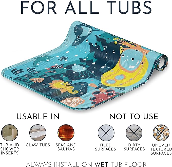 Homerella Baby Bath Tub Mat | Anti Mold Mildew Resistant Non Slip Kids and Adult Bath Tub Shower Mats | 40x16 inch Long with Suction Cups for Secure Grip Hooks for Storage & Drying | Machine Washable