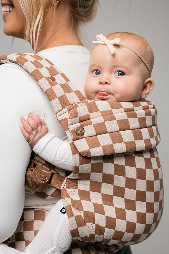 Mabē Monarch Ergonomic Baby Carrier – Premium Cotton Soft Structured Newborn to Toddler Carrier with Hip-Healthy Design, 3 Carry Positions (7-35lbs), Lightweight & Breathable, (Mocha Check)