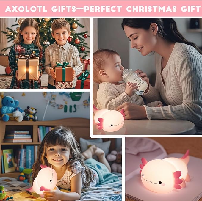 HAPPYBAG Axolotl Night Light,Cute Axolotl lamp Gifts for Kids,Dimmable Silicone Animal Nursery Night Light,Kawaii Rechargeable Bedside Touch Lamp,Room Decor Axolotl Light