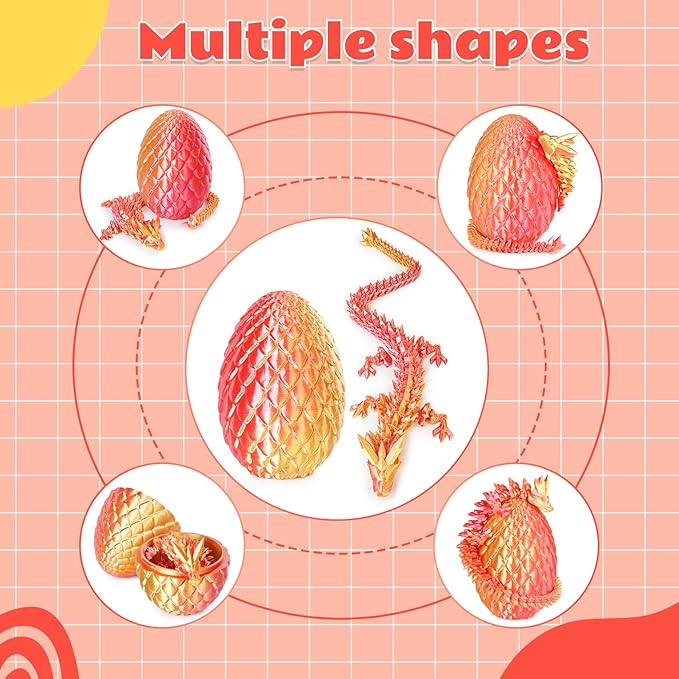 Dragon Eggs with Dragon Inside, 3D Printed Surprise Funny Gifts for Kids, Articulated Dragon Fidget Toys for Adults, Executive Desk Toys Office Room Décor (Orange Red, M-Size)