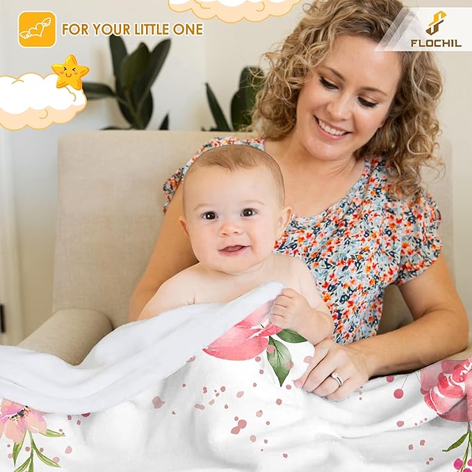 FLOCHIL Personalized Baby Blanket for Girls, Custom Baby Blanket with Name, Customized Baby Products, Gift for Baby, Newborn, Baby Shower (Floral 1)