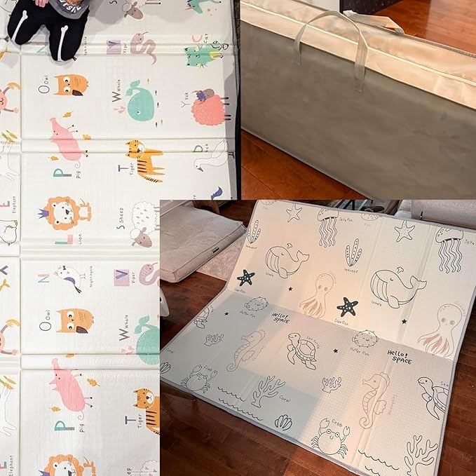 Foldable Baby Play Mat, 79x71 Inch Thick 0.8 Inch XPE Foam Waterproof, Extra Large Crawling Mat for Floor Kids Infant Training Non-Slip Reversible