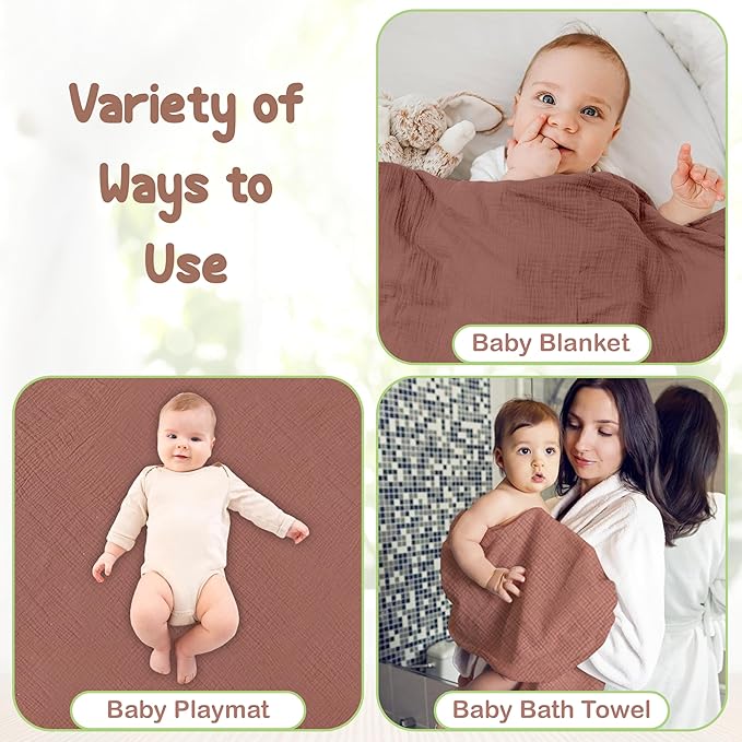 Organic Cotton Muslin Baby Hooded Towels - 32x32 Inch, 2 Pack Newborn Bath Towels for Boys & Girls, Soft & Absorbent Bath Set (Rust/Ivory)