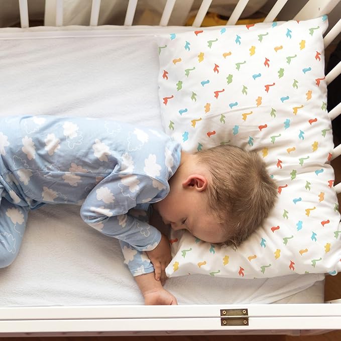 Little Sleepy Head Toddler Pillow with Pillowcase 13x18 - Kids Pillow for Sleeping - Better Neck Support Ergonomic Pillow and Toddler Pillowcase - Best Pillows for Kids (Little Dinos)