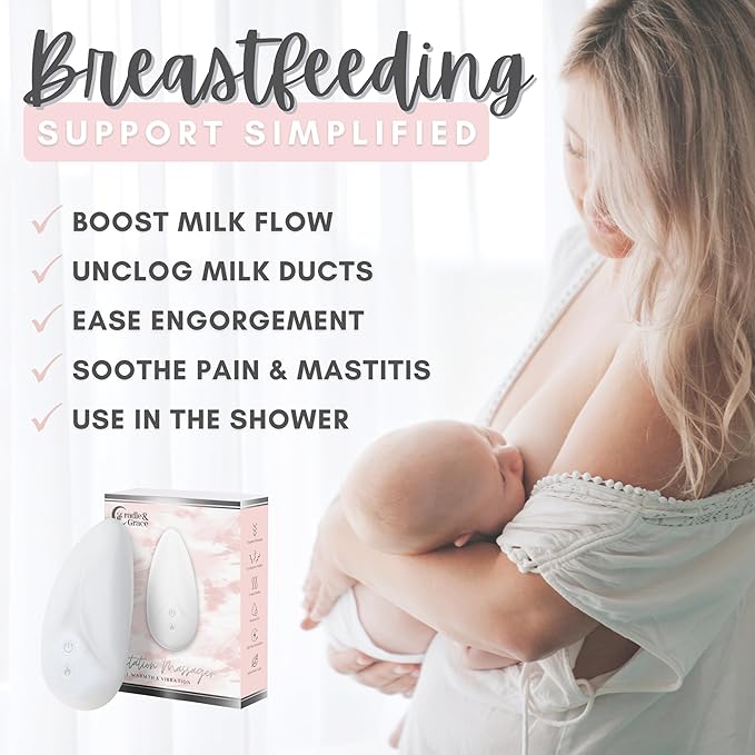 Cradle & Grace Warming Lactation Massager, Waterproof Breastfeeding Massager with 10 Intensity Levels & 2 Heat Settings, Breastfeeding Essentials to Support Milk Flow
