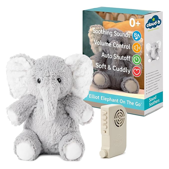 Cloud b Sound Machine with White Noise Soothing Sounds | Cuddly Stuffed Animal | Adjustable Settings and Auto-Shutoff | Ideal for Travel | Elliot Elephant On The Go