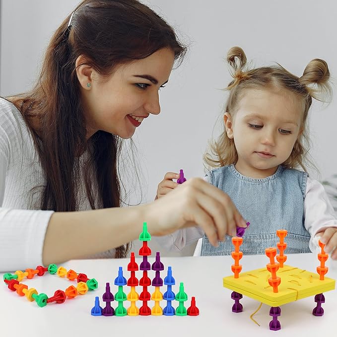 Rainbow Pegs and Board Deluxe 200pc Set, Montessori Baby Toys, Stacking and Lacing Pegs, Baby and Toddler Toys, Play and Learn STEM Toy, Fine Motor Skills, Ages 3+