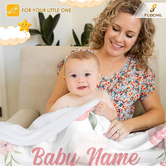 FLOCHIL Personalized Baby Blanket for Girls, Custom Baby Blanket with Name, Customized Baby Products, Gift for Baby, Newborn, Baby Shower (Elephants 3)