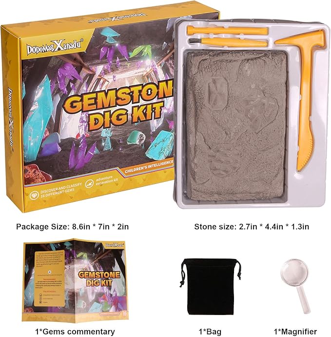 Gemstone Dig Kit, 16 Real Gem Stones and Crystals Excavation Kit, STEM Educational Toys Science Kit for Kids 5-7 8-12, Easter Basket Stuffers Gifts for Boys Girls