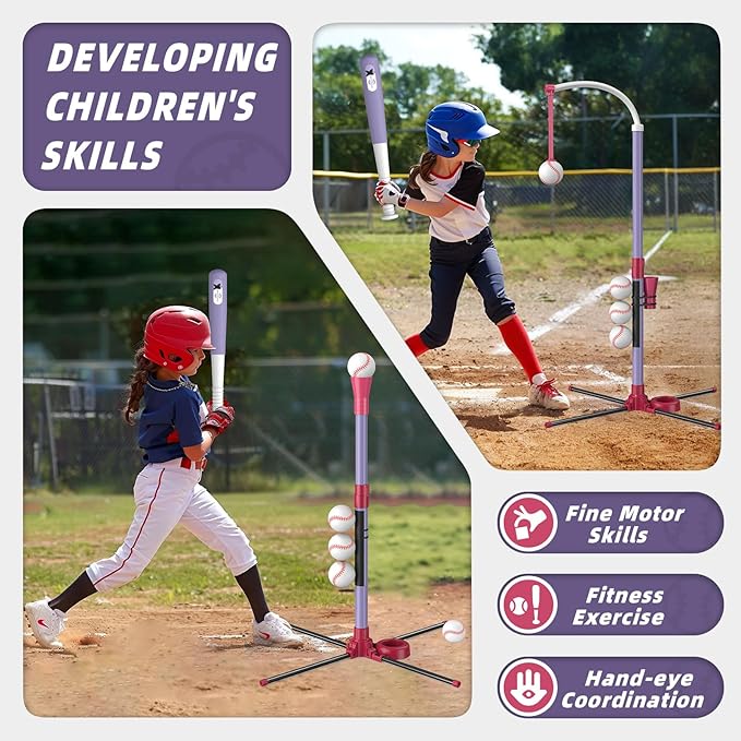 3-in-1 T Ball Set - Adjustable Height, Hanging Tee Ball Set with Automatic Pitching Machine/6 Balls/Retractable Bat, TBall Stand Suit for Outdoor, Sport Toys Gifts for Kids Girls Age 3+