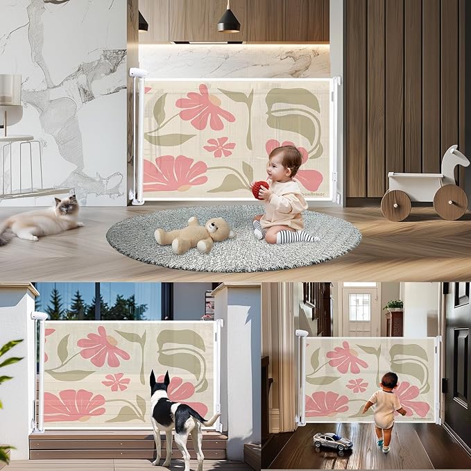 Retractable Baby Gate Child Safety 34" Tall x 71” Wide, Mesh, for Stairs, Doorways, Dogs, Pets, Indoor, Outdoor, One-Handed Operation, Locking, Easy Install, Hardware Mount, Flowers