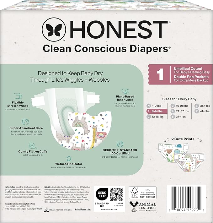 The Honest Company Clean Conscious Diapers for Delicate Skin, Up to 100% Leakproof Hypoallergenic Fragrance-Free Baby Diapers, Gender Neutral Prints, Club Box, Size 1 (8-14 lbs), 78 Count