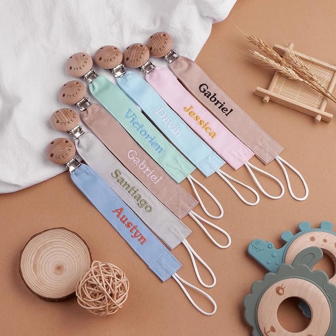 TYRY.HU Personalized Pacifier Clip with Name, Embroidery Webbing Pacifier Holder for Baby Girls and Boys, Neutral Binky Clips Universally Fit All Pacifiers & Baby Toys, Baby Gift, 2 Pack(Blue, Green)