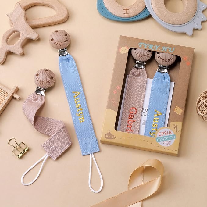 TYRY.HU Personalized Pacifier Clip with Name, Embroidery Ribbon Pacifier Holder for Baby Girls and Boys, Neutral Pacifier Leash Universally Fit All Pacifiers & Baby Toys, 2 Pack Baby Gift(Khaki, Blue)