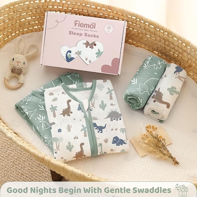 Baby Swaddle Sleep Sack 0-3 Months, Swaddles for Newborns Boy Girl, 3-Way Adjustable Infant Swaddle Wearable Blanket with Zipper & Detachable Wrap, 2 Pack Soft Snug Green Dinosaur