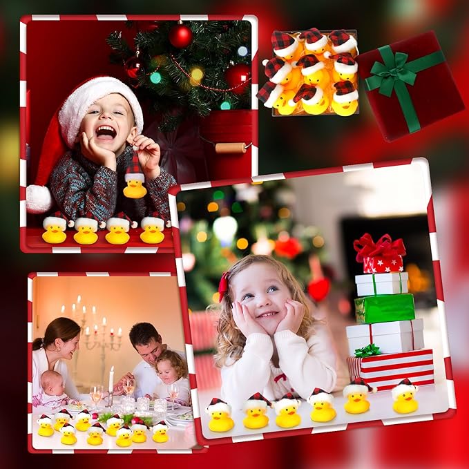 Liliful 48 Pcs Christmas Rubber Ducks with Hat Xmas Mini Rubber Ducks in Bulk Holiday Party Favors Bath Toys for Christmas Party Decor Gift (Berry Plaid Hat)