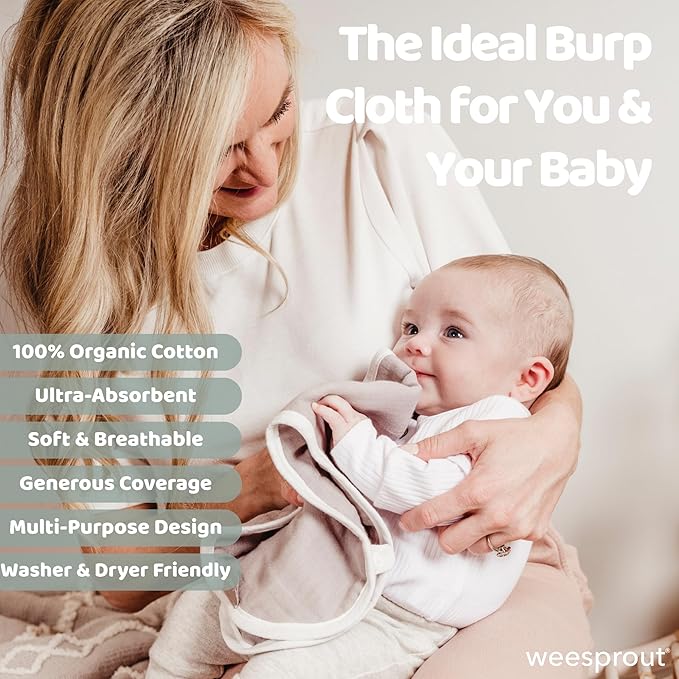 WeeSprout Unisex Organic Towel Cotton Burp Cloths, Set of 4, Four Ultra-Absorbent Layers Keep Clothes Dry, Button Transforms into Baby Bib, Machine Washable & Dryer Safe (Neutral Set, Full)