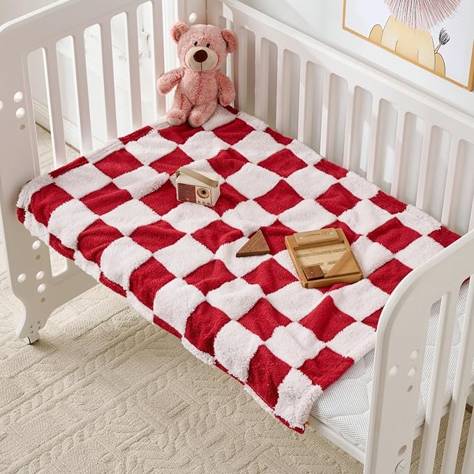 Fleece Baby Blanket for Girls 3D Checkerboard Design,Fluffy and Warm Cozy Infant Newborn Toddler Small Receiving Blankets for Crib Stroller, 30x40 Inches,Christmas Red