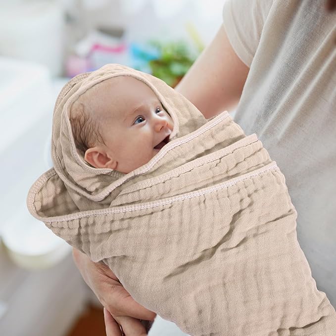 Peryiter 4 Pcs Muslin Hooded Baby Towels, 32"x 32" Cotton Newborn Bath Towel Muslin Infant Baby Blankets Absorbent Unisex Christmas Registry Gift Essentials for Girls Boys (Beige Series)
