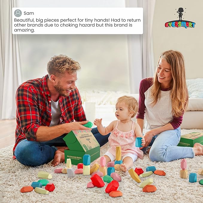 36 Pcs Wooden Stacking Blocks โ Montessori Toys for 1 2 3 4 5 6 Year Old Toddlers and Kids, XL Rocks, No Choking Hazard โ Sensory STEM Building Stones, for Girls and Boys